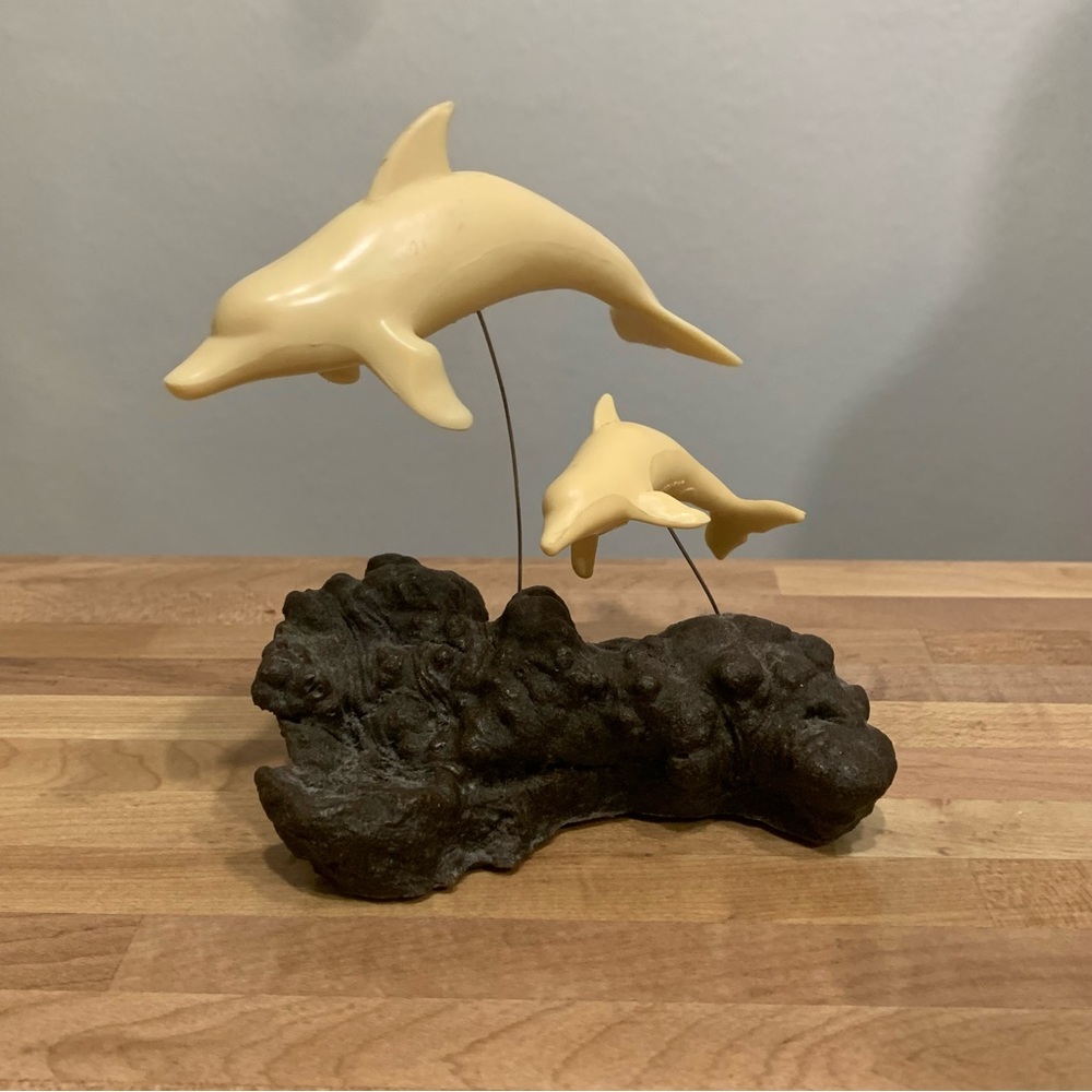 Vintage 1975 New Designs Dolphin and Calf on Burlwood Sculpture 5” MCM Decor